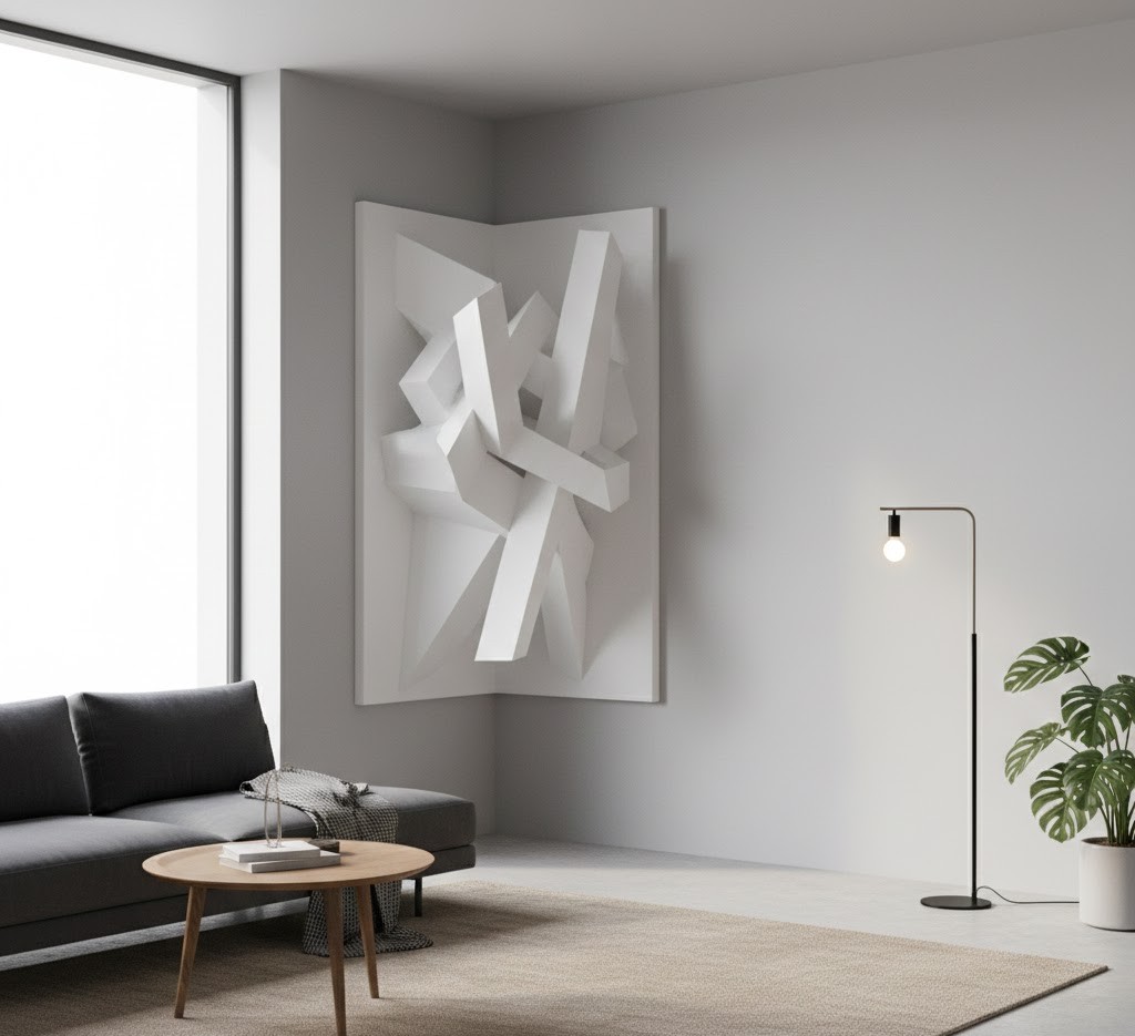Corner-mounted geometric sculpture